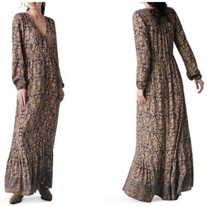 Faherty Toluca Tan Floral V‑Neck Long Sleeve Bohemian Maxi Dress size large